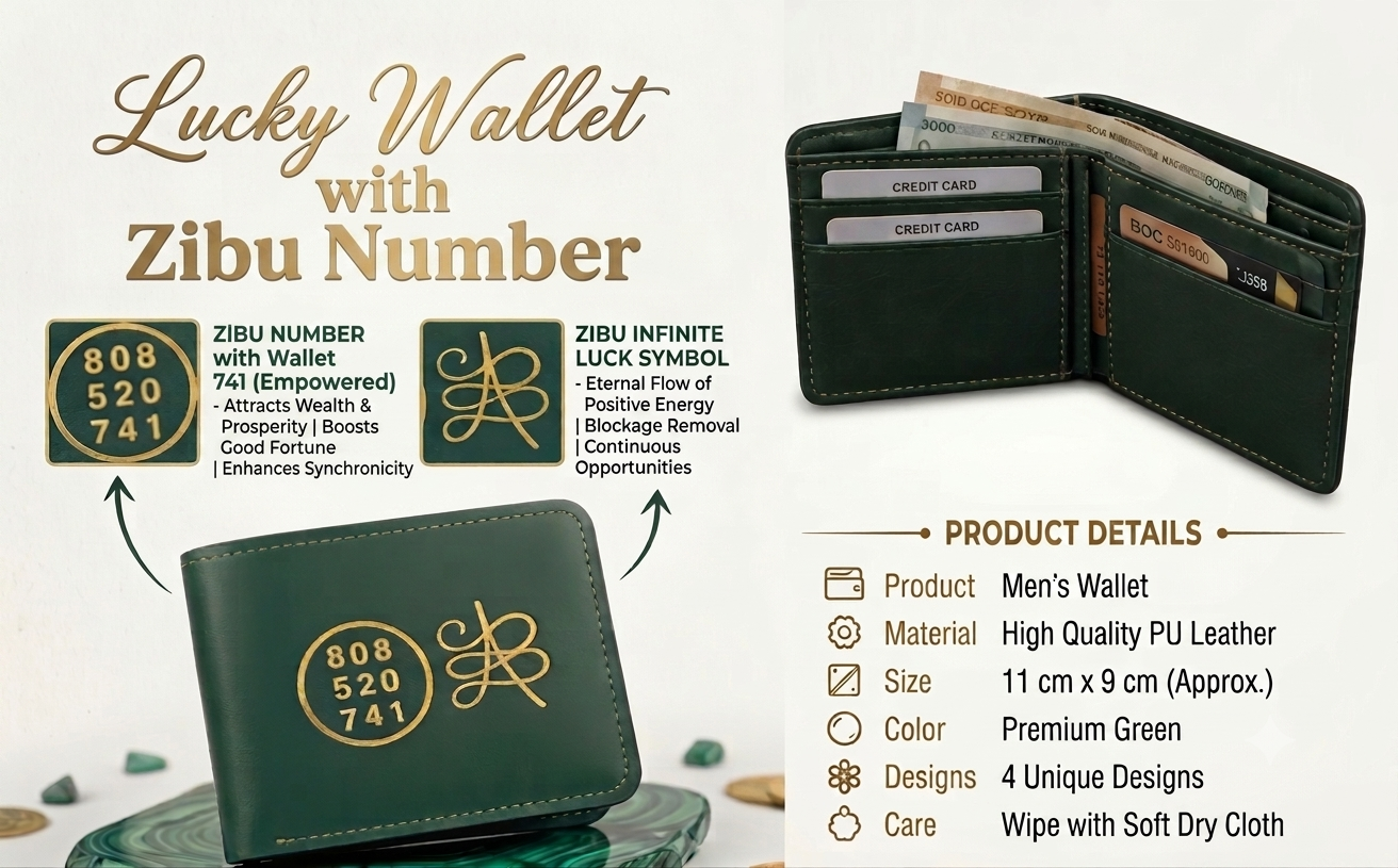 Men's Premium Green Leather Wallet with Zibu Angelic Numbers & Abundance Symbol