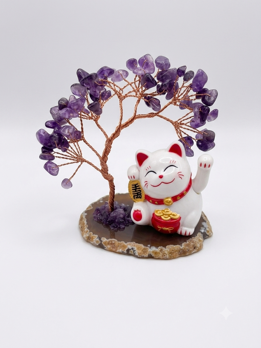 Maneki-Neko Lucky Beckoning Cat Figurine with Amethyst Crystal Tree