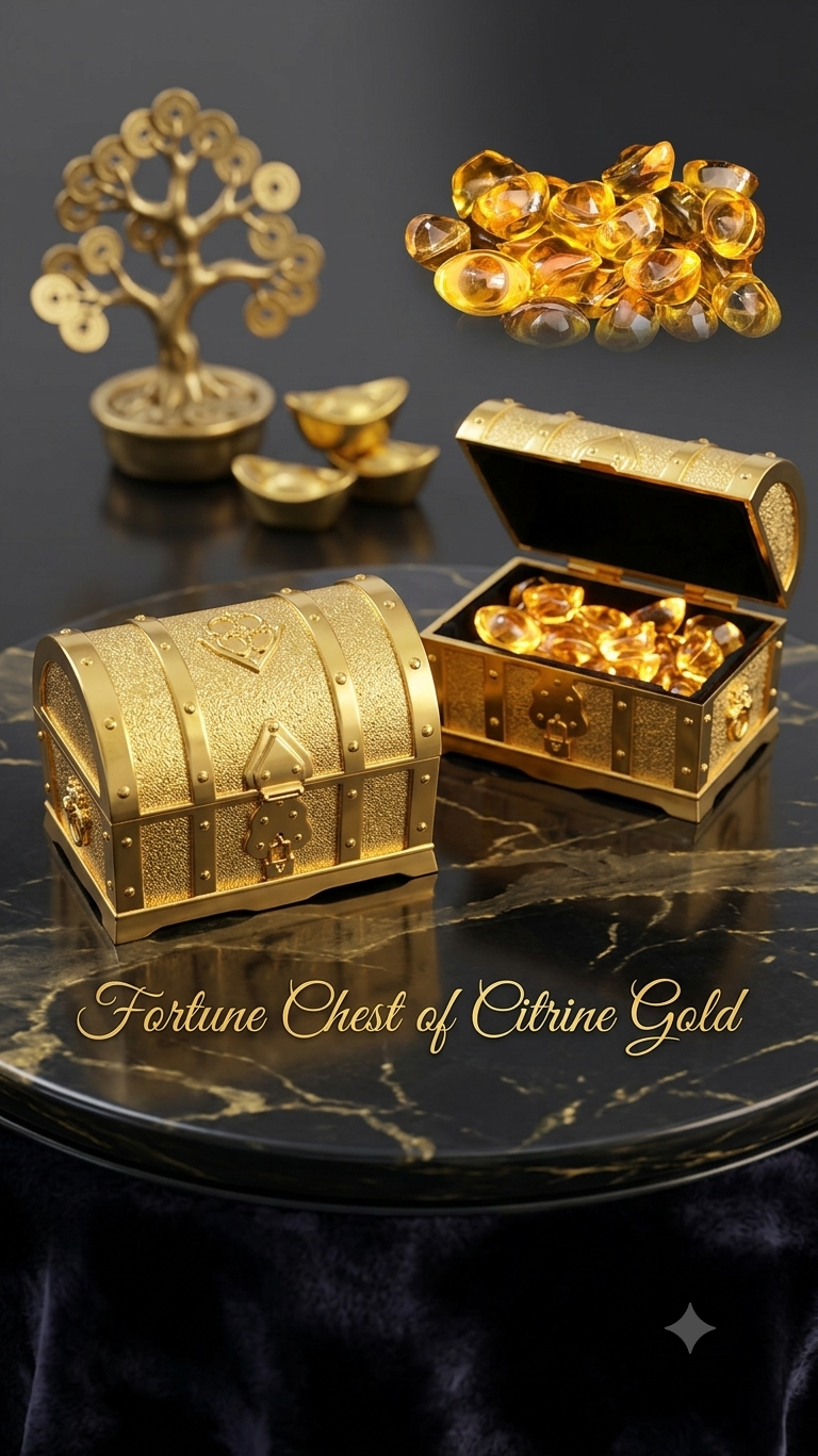 Golden Miniature Treasure Chest with Natural Citrine Gemstones – Feng Shui & Vastu Fortune Box for Wealth, Abundance & Success