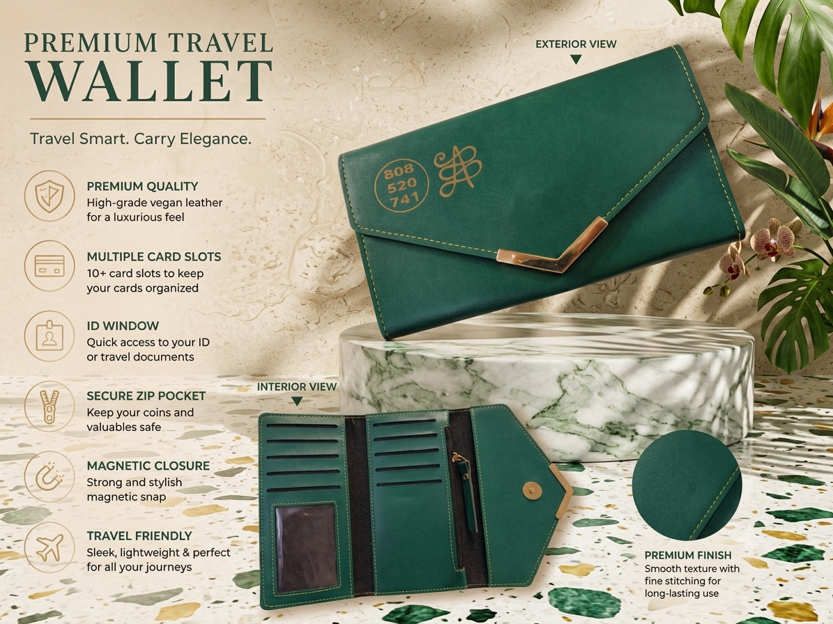 Sacred Zibu Number & Heart Chakra Green Vegan Leather Travel Wallet for Women