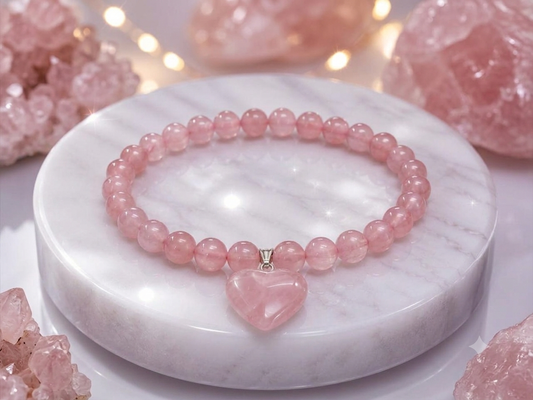 Natural Rose Quartz Bracelet with Heart Pendant