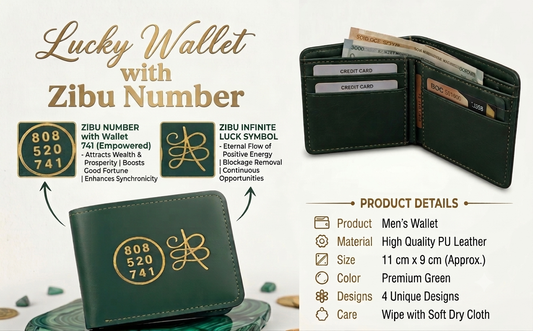 Men's Premium Green Leather Wallet with Zibu Angelic Numbers & Abundance Symbol