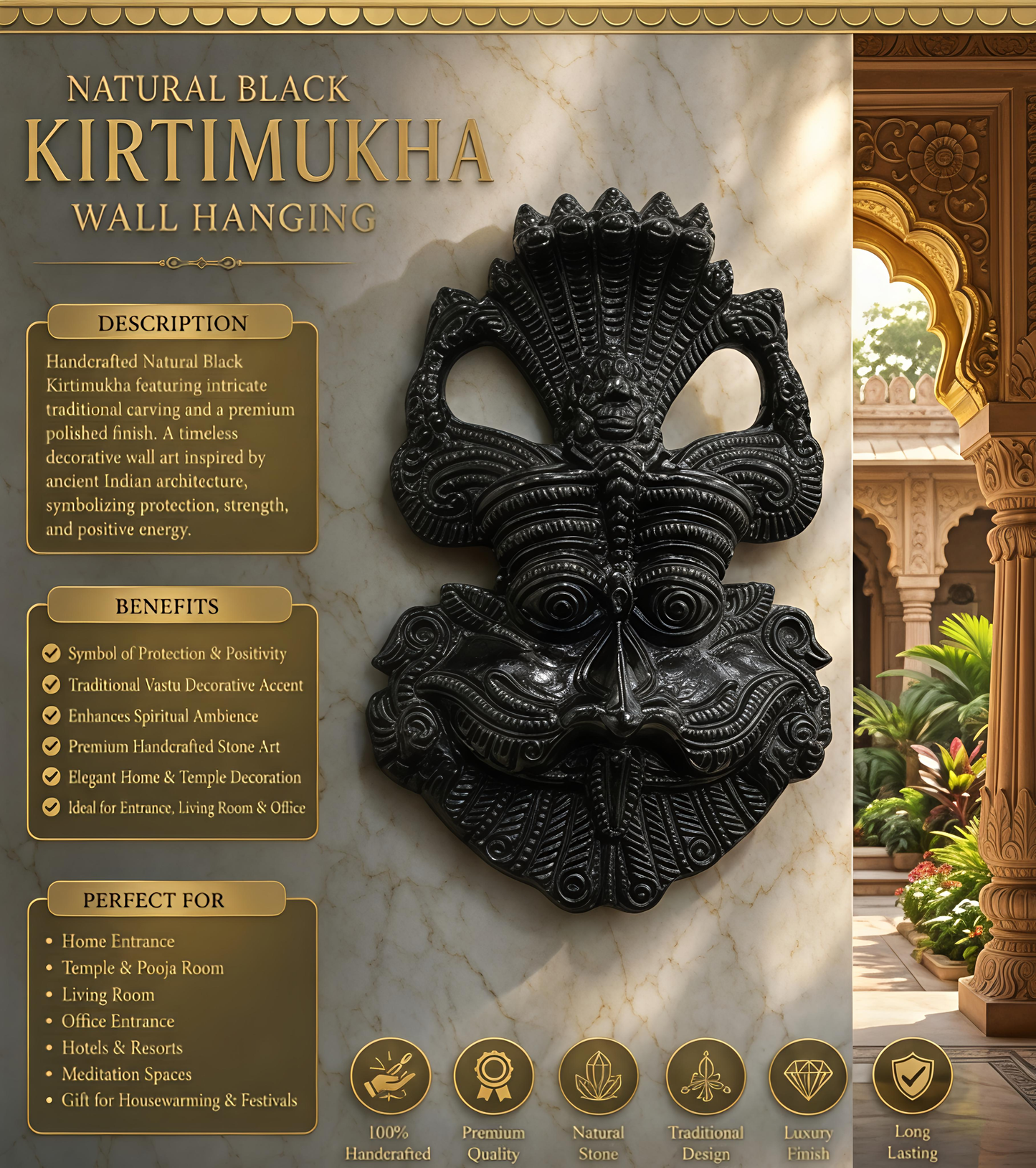 Handcrafted Natural Black Stone Kirtimukha Wall Hanging – Traditional Vastu Protective Sculpture for Entrance, Pooja Room & Home Decor