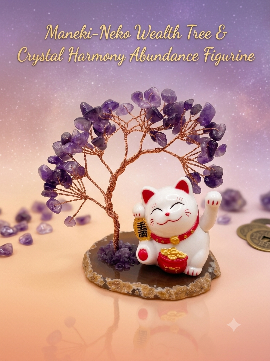 Maneki-Neko Lucky Beckoning Cat Figurine with Amethyst Crystal Tree