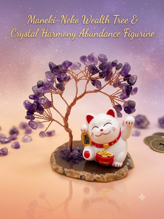Maneki-Neko Lucky Beckoning Cat Figurine with Amethyst Crystal Tree