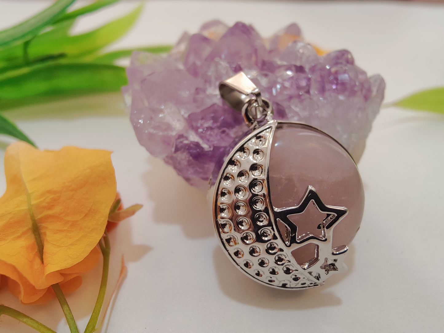 Rose Quartz Moon Shape Pendant